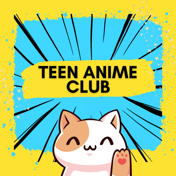 Image shows Teen Anime Club text with smiling/waving cat