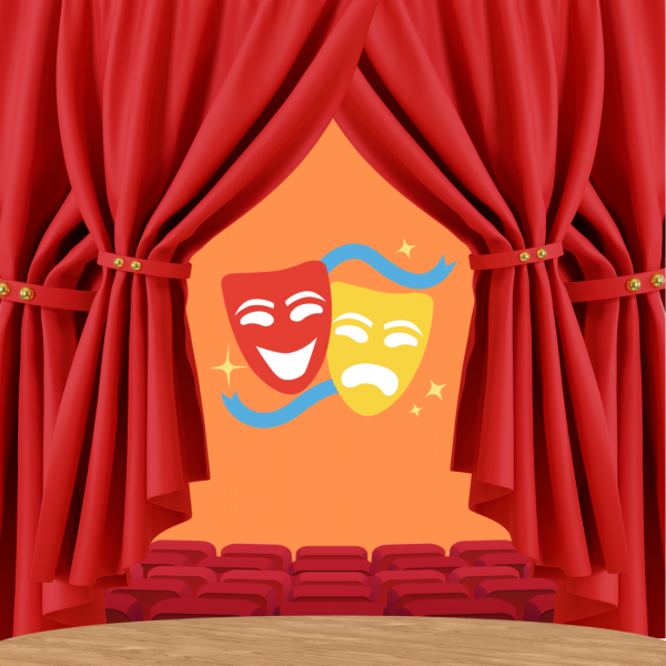 Image shows stage with masks in the center