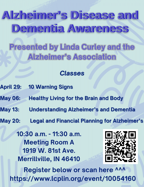 Alzheimer's Disease and Dementia Awareness Presented by Linda Curley. April 29, May 6, May 13, May 20