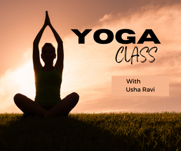 A woman performing yoga in front of a sunset. The image reads yoga class with Usha Ravi.