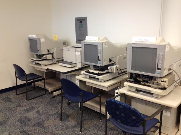 microfilm readers located in the Merrillville Branch genealogy room