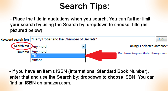 Tips: Use quotation marks and the drop down menus to make a more specific search. When all else fails, try ISBN!